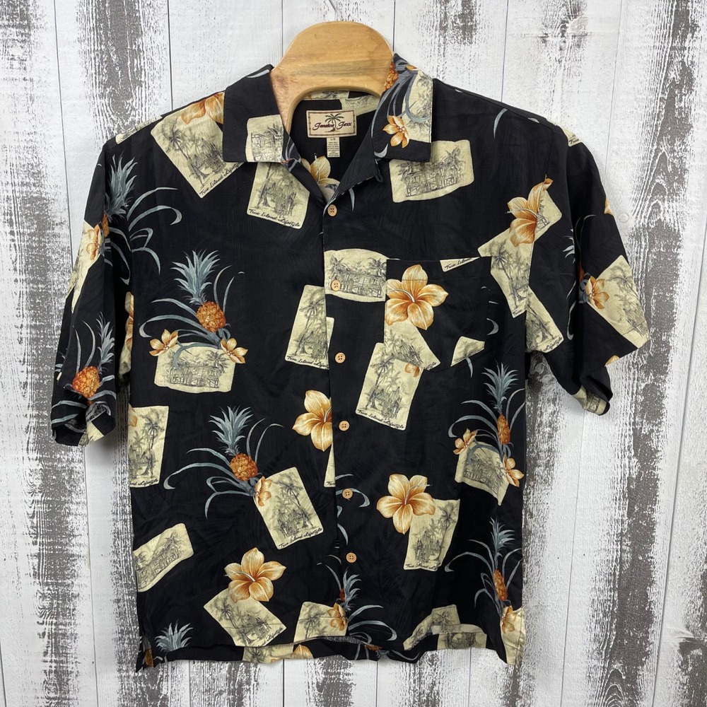 Jamaica Jaxx‎ Button Down Men's Large Tropical Silk Hawaiian Shirt Black
